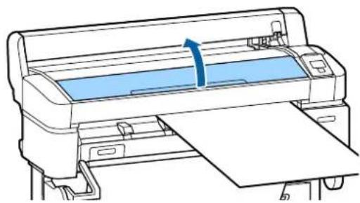 Line drawing of a printer with paper and paper sheet, no text or symbols present