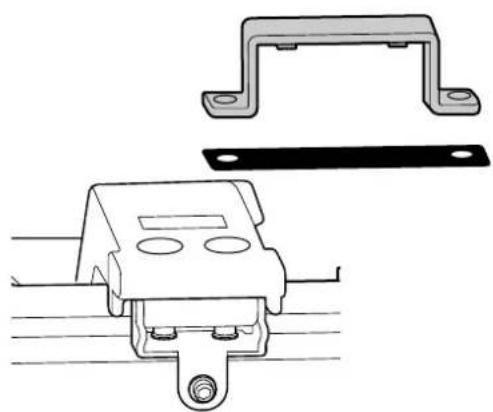 Technical line drawing of a mechanical bracket and mounting bracket assembly (no text or symbols)