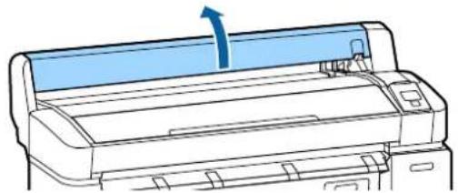 Line drawing of a printer with a blue arrow indicating the paper's front cover (no text or symbols present)