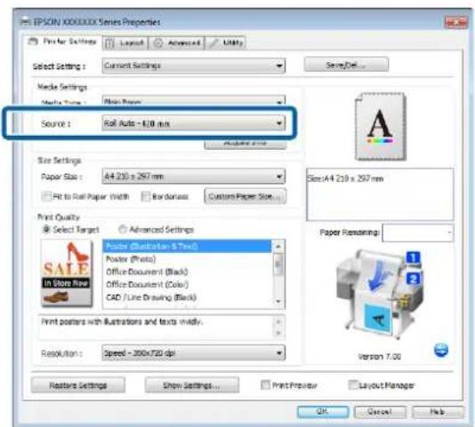 EPSON 100000XX Series Properties Printer Settings Layout Advanced Utility Select Settings: Current Settings Save/Del... Media Settings Media Type: Print Paper Source: Roll Auto - 120 mm Size Settings Paper Size: 64.230 x 297 mm Fit to Roll Paper Width Rordiness Custom Paper Size... Print Quality Sel…
