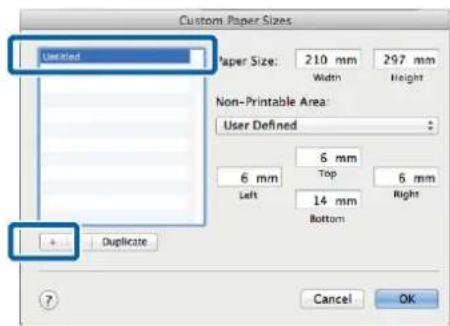 Custom Paper Sizes User Defined Paper Size: 210 mm 297 mm Width Height Non-Printable Area: User Defined 6 mm Top 6 mm Left 14 mm Right Bottom Duplicate Cancel OK