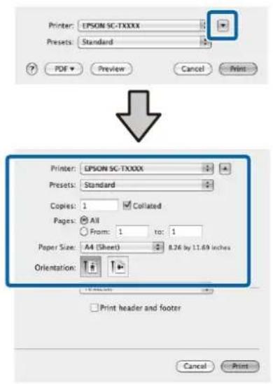 Printer: EPSON SC-TXXXX Presets: Standard PDF Preview Cancel Print Printer: EPSON SC-TXXXX Presets: Standard Copies: 1 Collated Pages: All From: 1 to: 1 Paper Size: A4 (Sheet) 8.26 by 11.69 inches Orientation: Print header and footer Cancel Print