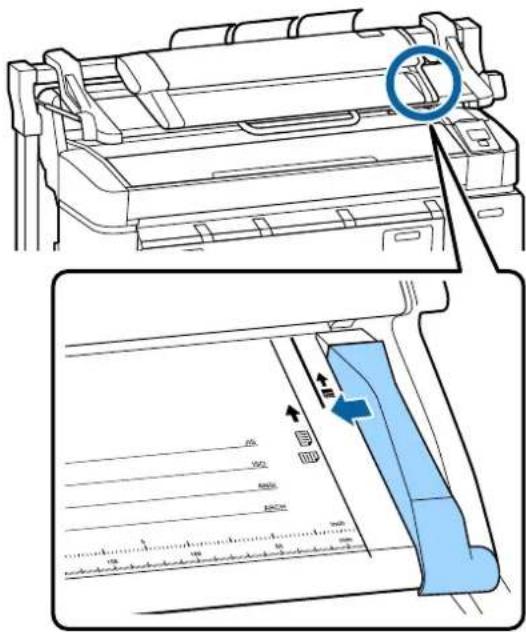 Technical diagram showing printer front view and paper edge with measurement scale and alignment arrows