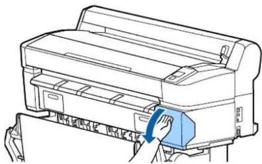 Line drawing of a printer with a hand inserting a blue arrow to the front panel (no text or symbols present)