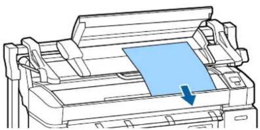 Line drawing of a printer with a blue paper sheet being inserted, showing internal structure without any text or symbols.