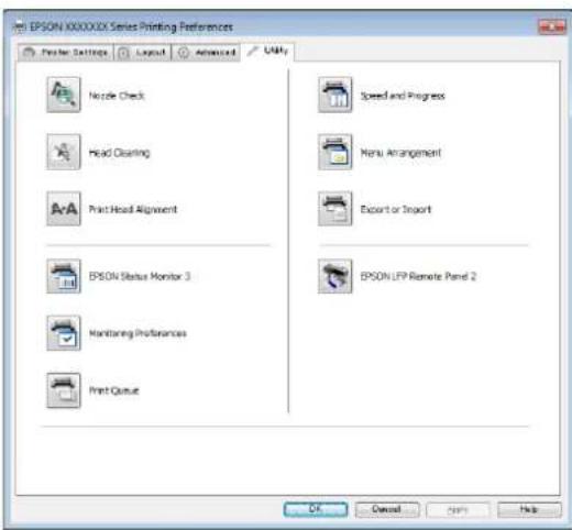 EPSON XXXXXX Series Printing Preferences Preview Settings Layout Advanced Units Nipple Check Head Clearing Print Head Alignment EPSON Status Monitor 3 Monitoring Preferences Print Qout Speed and Progress Menu Arrangement Export or Import EPSON LFP Remote Panel 2 OK Cancel Help Help