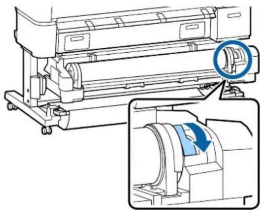 Technical line drawing of a printer with a magnified inset showing the internal mechanism (no text or symbols)