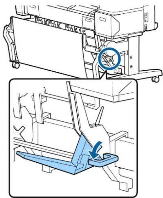 Technical illustration showing a printer's internal structure and a blue mechanical component with a circular annotation (no text or symbols)