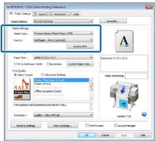 EPSON SC-TDD00 Series Printing Preferences Printer Settings Layout Advanced Utility Select Settings: Current Settings Save/Del... Media Settings Media Type: Preview Glassy Photo Paper (175) Source: Roll Paper - 4Hm (11.18 mm) Acquire Info Paper Size: Letter 8 1/2 x 11 m Fit to Roll Paper Width Rende…