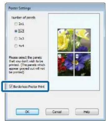 Poster Settings Number of panels 2x1 5x2 3x3 4x4 Please select the panels that you don't wish to be printed. (The panels which appear grayed out will not be printed) ✓ Borderless Poster Print OK Cancel Help