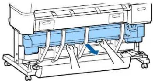 Technical line drawing of a printer or printer with blue internal components and a blue arrow indicating a motion or force (no text or symbols present)