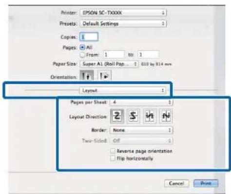 Printer: EPSON SC-TXXXX Presets: Default Settings Copies: 1 Pages: All From: 1 to: 1 Paper Size: Super A1 (Roll Pap... ↑ 610 by 814 mm) Orientation: Layout Pages per Sheet: 4 Layout Direction: Border: None Two-Sided: Off Reverse page orientation Flip horizontally Cancel Print