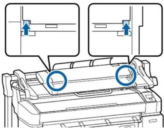 Diagram showing printer operation with two blue circular components and directional arrows indicating movement or assembly steps.