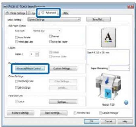 EPSON SC-TX003 Series Printer File Settings Add Advanced Help Select Setting Current Settings Copy Auto Cut Normal Cut Auto Rotate Printer Print Page Line Save Roll Paper Copies Copies: Color Reverse Order Advanced Media Control... Custom Settings... Paper Remapping Other Settings Print Blag Color C…