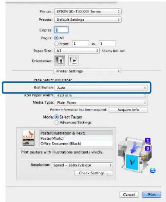 Printer: EPSON SC-TXXXXX Series Presets: Default Settings Copies: 1 Pages: All From: 1 to: 1 Paper Size: A1 $94 by 841 mm Orientation: Printer Settings Page Setup: Roll Paper Roll Switch: Auto Roll Paper Width: 420 mm Media Type: Plain Paper Printer Information has been acquired. Acquire Info Mode:…