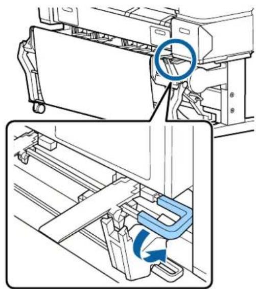 Technical diagram showing a printer's internal structure with a magnified view of the mechanism (no text or symbols present)