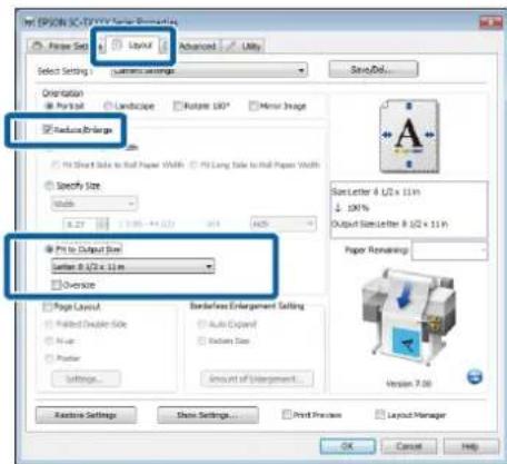 EPSON SC/TVX Series Properties Paper Set Layout Advanced Help Select Setting Customs Settings SaveOut... Orientation Portout Landscape Rotate LIG* Minor Image Radura/Charge Fit Short Side to Full Paper Width Fit Long Side to Full Paper Width Specify Size Width 0.27 1.000 x 0.27 4x4 4x5 Size Letter 4…