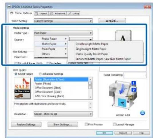 EPSON XXX00XX Series Properties Printer Settings Layout Advanced Utility Select Settings Current Settings SameDel... Media Settings Media Type: Plain Paper Source: Photo Paper Paste Paper Plain Paper Others Doubleweight Matte Paper Singleweight Matte Paper Photo Quality Ink Jet Paper Enhanced Matte…