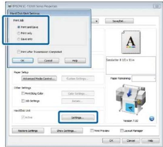 EPSON 1C, T-XXX Series Properties Hard Disk Unit Settings Print Job ● Print and Save ○ Print only ○ Save only ○ Print after Transmission Completed OK Cancel PHP SaveDot... Paper Setup Advanced Media Control... Custom Settings... Other Settings □ Print Bitg Color Color Settings... □ Job Settings Deta…