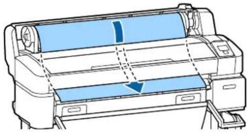 Diagram of a printer with blue paper bands and a dashed arrow indicating compression or spread (no text or symbols present)
