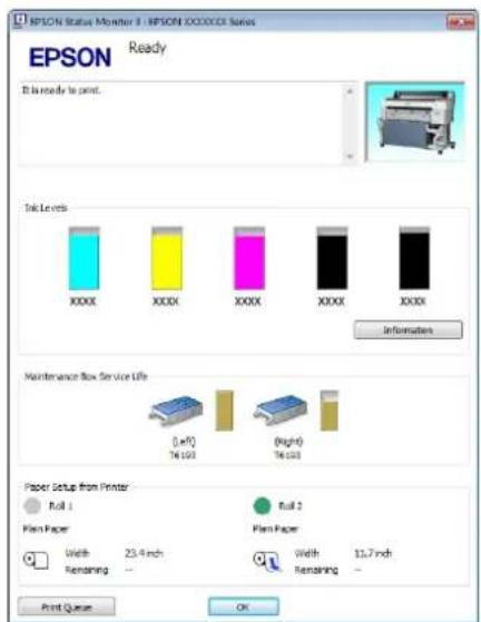 EPSON Status Monitor 3 : EPSON XXXXXX Series Ready It is ready to print. Tok Levels XXXX XXX XXX XXX XXX XXX Information Maintenance Box Service Life [Left] Te 100 (Right) Te 100 Paper Setup from Printer Roll 1 Plan Paper Width Remaining 23.4 inch - Print Queue Roll 2 Plan Paper Width Remaining 13.7…
