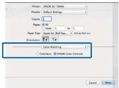 Printer: EPSON SC-TXXXX Presets: Default Settings Copies: Pages: All From 1 to: 1 Paper Size: Super A1 (Roll Pap... 610 by 914 mm Orientation: Color Matching ColorSync: EPSON Color Controls Cancel Print