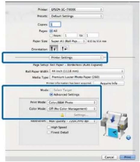 Printer: EPSON SC-TXXXX Presets: Default Settings Copies: Pages: All From: 1 to: 1 Paper Size: Super A1 (Roll Pap) 6.30 by 914 mm Orientation: Printer Settings Page Setup: Roll Paper - Borderless (Auto Expand) Roll Paper Width: 44 inch (118 mm) Media Type: Premium Luster Photo Paper (260) Printer in…