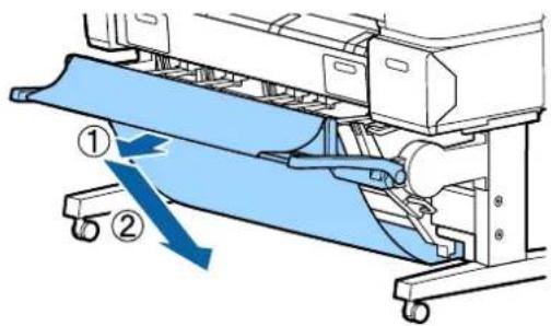Diagram of a machine with labeled parts and directional arrows indicating motion or flow, showing blue fabric bands and wheels.
