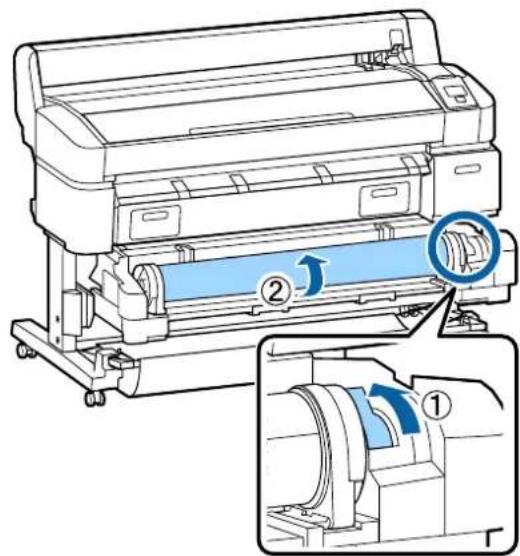 Technical diagram of a printer with labeled parts and directional arrows indicating motion or operation