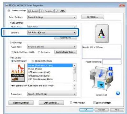 EPS ON EPSON 4000000 Series Properties Printer Settings Layout Advanced Utility Select Setting: Current Settings SaveDel... Media Settings Media Type: Plain Paper Source: Roll Auto - 120 mm Size Settings Paper Size: A4 250 x 267 mm Fit to Roll Paper Width Borderless Custom Paper Size... Print Qualit…