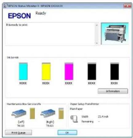 EPSON Status Monitor 3 : EPSON 1000000 Ready This ready to print. Ink Lenovo XXXX XXXX XXXX XXXX XXXX XXXX Information Maintenance Box Service Life [=ft] T6.003 [kgh] T6.003 Paper Setup Print Printer Plain Paper Width 23.4 inch Remaining - Print Queue OK