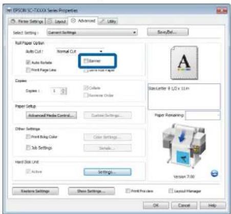 EPSI01 SC-TXXX Series Properties File Settings Layout Advanced Help Select Setting: Current Settings Save/Del... Roll Paper Option Auto Cut 1 Normal Cut Auto Rotate Barrier Print Page Line Save/Down Copies Capres 1 Volume Volume Order Paper Setup Advanced Media Control... Custom Settings... Paper Re…