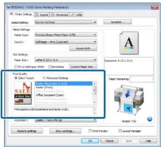 EPSON SC-T000 Series Printing Preferences Printer Settings Layout Advanced Utility Select Settings Current Settings Save/Help... Media Settings Media Type: Premium Glassy Photo Paper (179) Source: Roll Paper - Film (11.18 mm) Acquire info. Size Settings Paper Size: Letter 8 1/2 x 11 m Fit to Roll Pa…