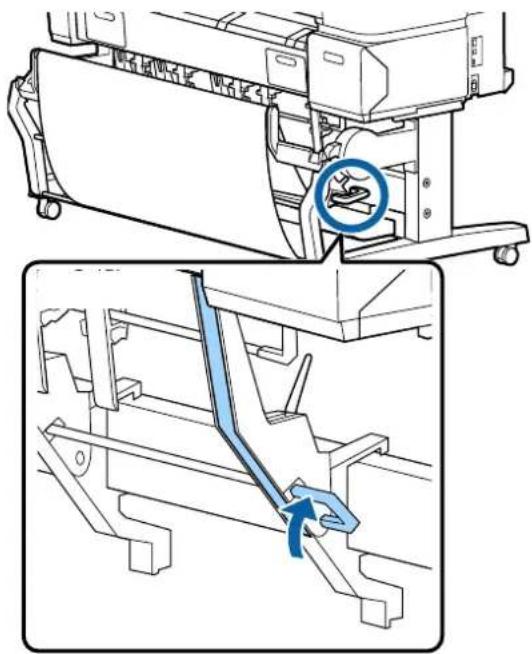 Technical diagram showing a printer assembly and a mechanical bracket assembly with a blue circular annotation highlighting a component (no text or symbols present)
