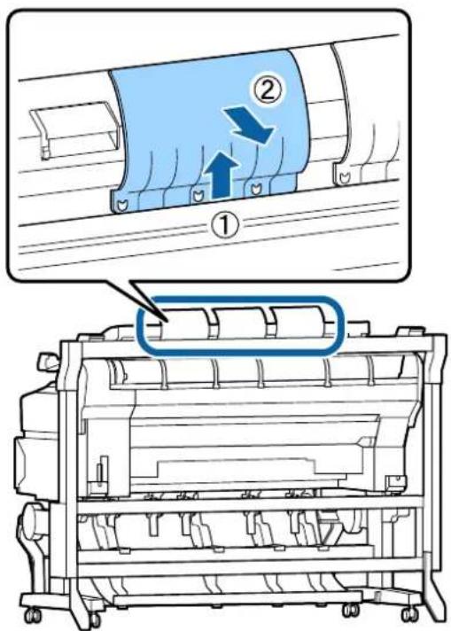 Technical diagram showing a printer with labeled parts and directional arrows, including a zoomed-in view of the machine.
