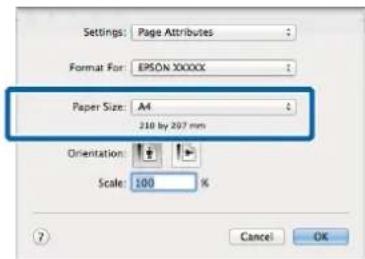 Settings: Page Attributes Format For: EPSON XXXXX Paper Size: A4 210 by 297 mm Orientation: Scale: 100 % Cancel OK