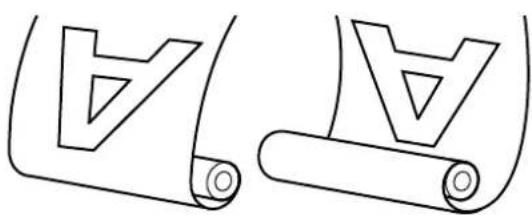 Two abstract line drawings of rolled paper sheets with triangular cutouts, no text or symbols present