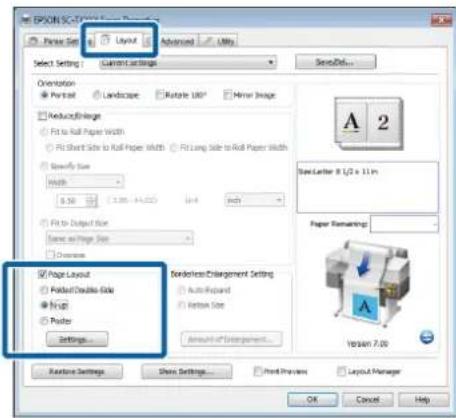 EPSION SC-FY Layer Size Layout Advanced U.S. Select Settings Current Settings Orientation Portrait Landscape Rotate URO Mirror Image Reduce/ prep Fit to Roll Paper Width Fit Short Side to Roll Paper Width Fit Long Side to Roll Paper Width Specify Size Width 0.50 1.250 x 11.00 inch Fit to Output Size…
