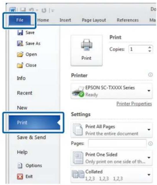 File Save Save As Open Close Info Recent New Print Save & Send Help Options Exit Print Copies: 1 Printer EPSON SC-TXXXX Series Ready Printer Properties Settings Print All Pages Print the entire document Pages: Print One Sided Only print on one side of th... Collated 1,2,3 1,2,3 1,2,3