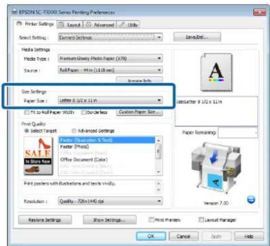 EPSOP SC-T10000 Series Printing Preferences Printer Settings Layout Advanced Units Select Setting: Current Settings Save/Del... Media Settings Media Type: Premium Gassy Photo Paper (179) Source: Roll Paper - 44 in (14.18 mm) Name: Size Settings Paper Size: Letter 8/12 x 11 in Fit to Roll Paper Width…
