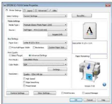 EPSON VC-TOOXX Series Properties Printer Settings Layout Advanced Utility Select Setting: Current Settings Read/Ref... Media Settings Media Type: Premium Glass Photo Paper (126) Source: Roll Paper - 40 in (11.88 mm) Acquired Info Size Settings Paper Size: Letter # L12 x 11 m Pit to Roll Paper Vials…