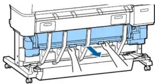 Technical line drawing of a printer or printer with blue internal components and a blue arrow indicating a loading or movement (no text or symbols present)