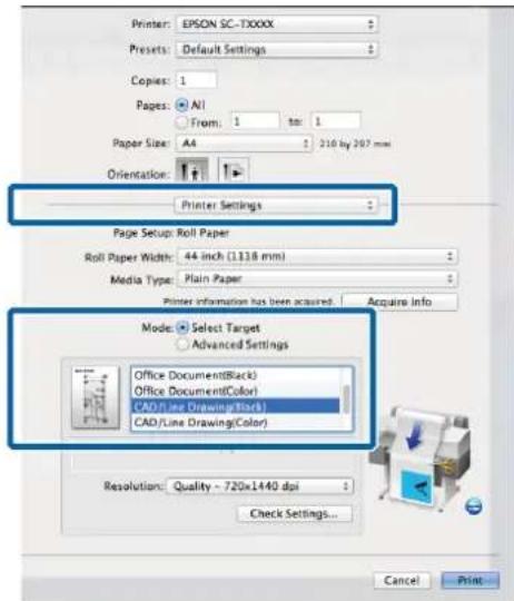 Printer: EPSON SC-TXXXX Presets: Default Settings Copies: 1 Pages: All From: 1 to: 1 Paper Size: A4 210 by 297 mm Orientation: Printer Settings Page Setup: Roll Paper Roll Paper Width: 44 inch (1138 mm) Media Type: Plain Paper Printer information has been acquired. Acquire Info Mode: Select Target A…