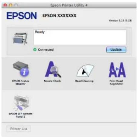EPSON Printer Utility 4 EPSON XXXXXXXX Version 9.19 (9.19) Ready Connected Update EPSON Status Monitor Noodle Check Head Cleaning Print Head Alignment EPSON LFP Remote Panel 2 Printer List