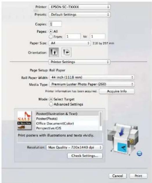 Printer: EPSON SC-TXXXX Presets: Default Settings Copies: 1 Pages: All From: 1 to: 1 Paper Size: A4 210 by 297 mm Orientation: Printer Settings Page Setup: Roll Paper Roll Paper Width: 44 inch (1118 mm) Media Type: Premium Luster Photo Paper (260) Printer Information has been acquired. Acquire Info…
