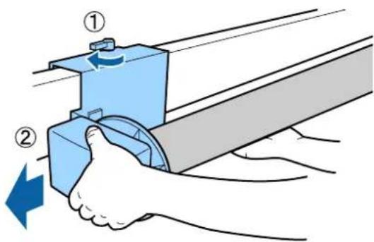 Diagram showing two hands operating a blue mechanical device with labeled parts and directional arrow indicating motion or force.