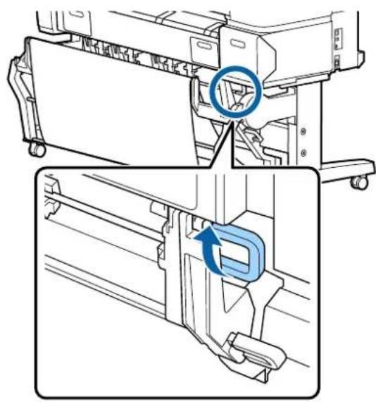 Technical diagram showing mechanical assembly with a blue circular component and a blue arrow indicating rotation (no text or symbols)