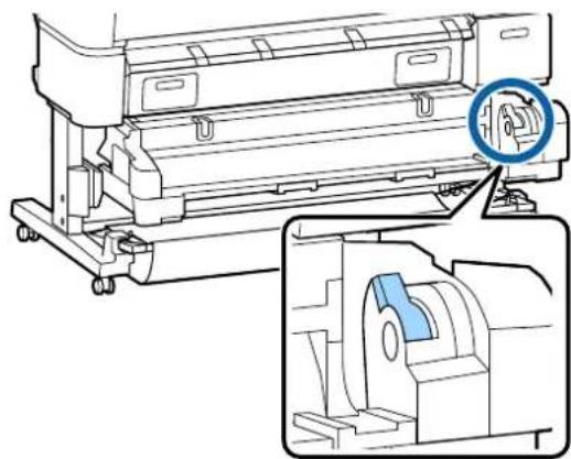 Technical line drawing of a printer with a magnified inset showing internal components (no text or symbols)