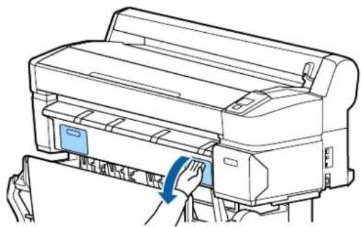 Line drawing of a printer with a hand inserting a blue arrow to the front panel (no text or symbols present)