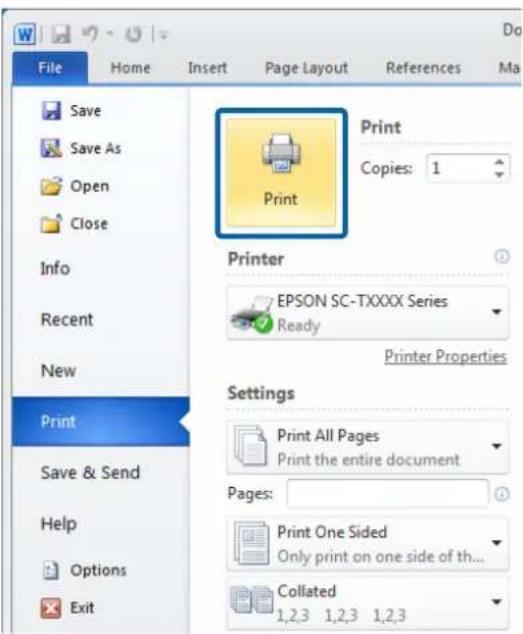 File Save Save As Open Close Info Recent New Print Save & Send Help Options Exit Home Insert Page Layout References Ma Print Copies: 1 Printer EPSON SC-TXXXX Series Ready Printer Properties Settings Print All Pages Print the entire document Pages: Print One Sided Only print on one side of th... Coll…